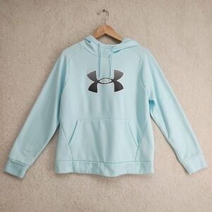 Under Armour Hoodie Mens L Light Blue Loose Pullover Fleece Logo Front Pocket